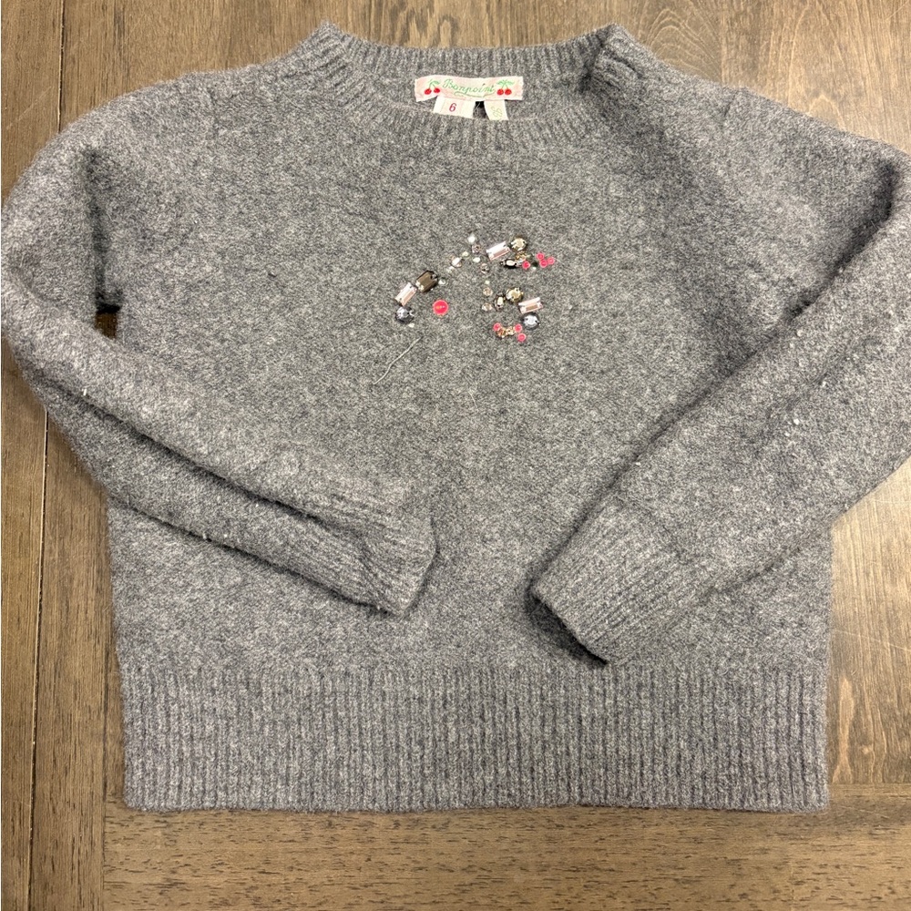 Bonpoint Kids Gray Wool Sweater with Rhinestone Embroidery